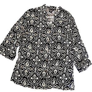 Carole Little Woman 1X Linen Button Up V-Neck Mandarin Collar 3/4 Sleeve Top